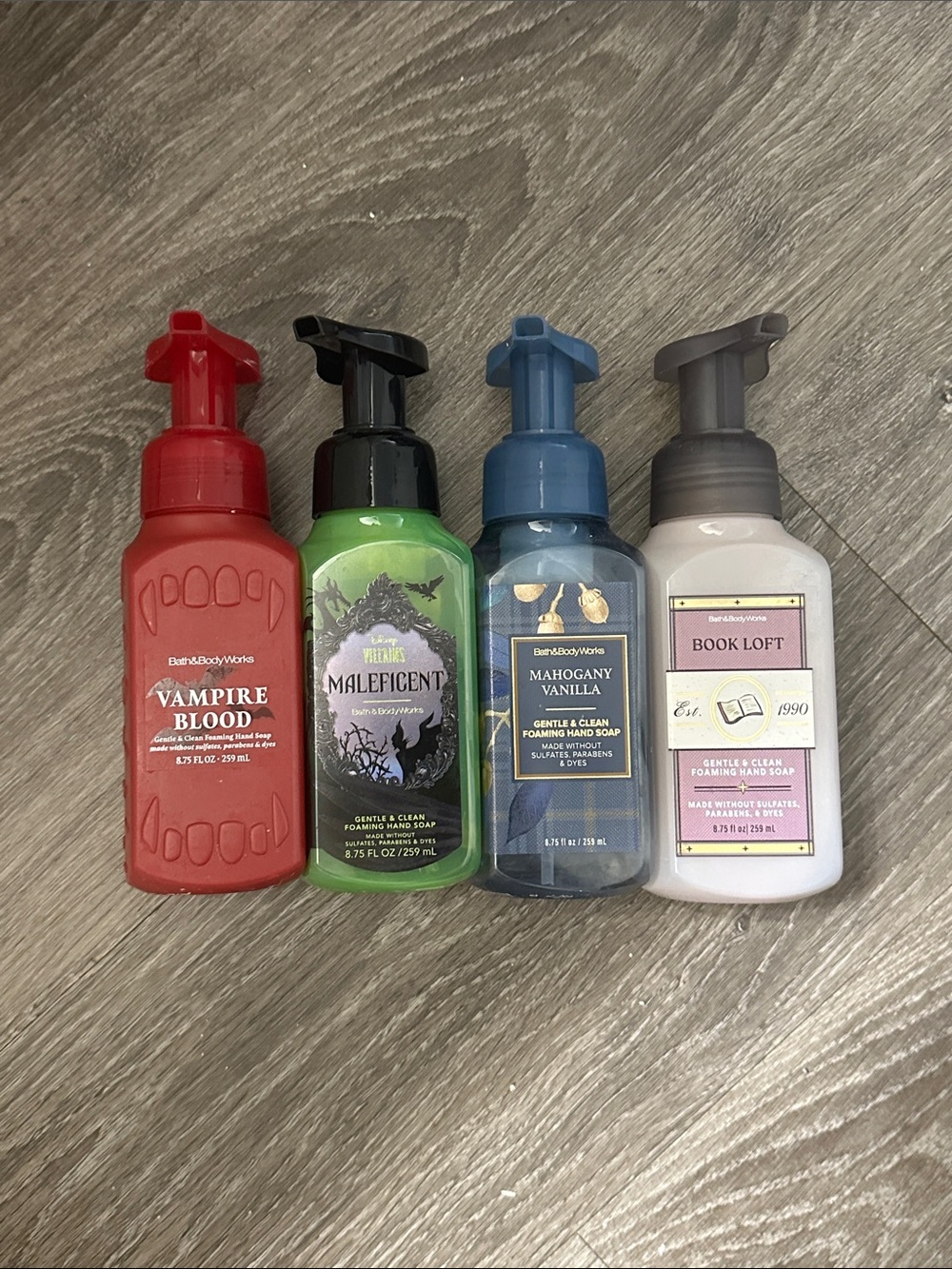 Maleficent, mahogany, Book loft & vampire blood Foaming Soap dispensers empty.